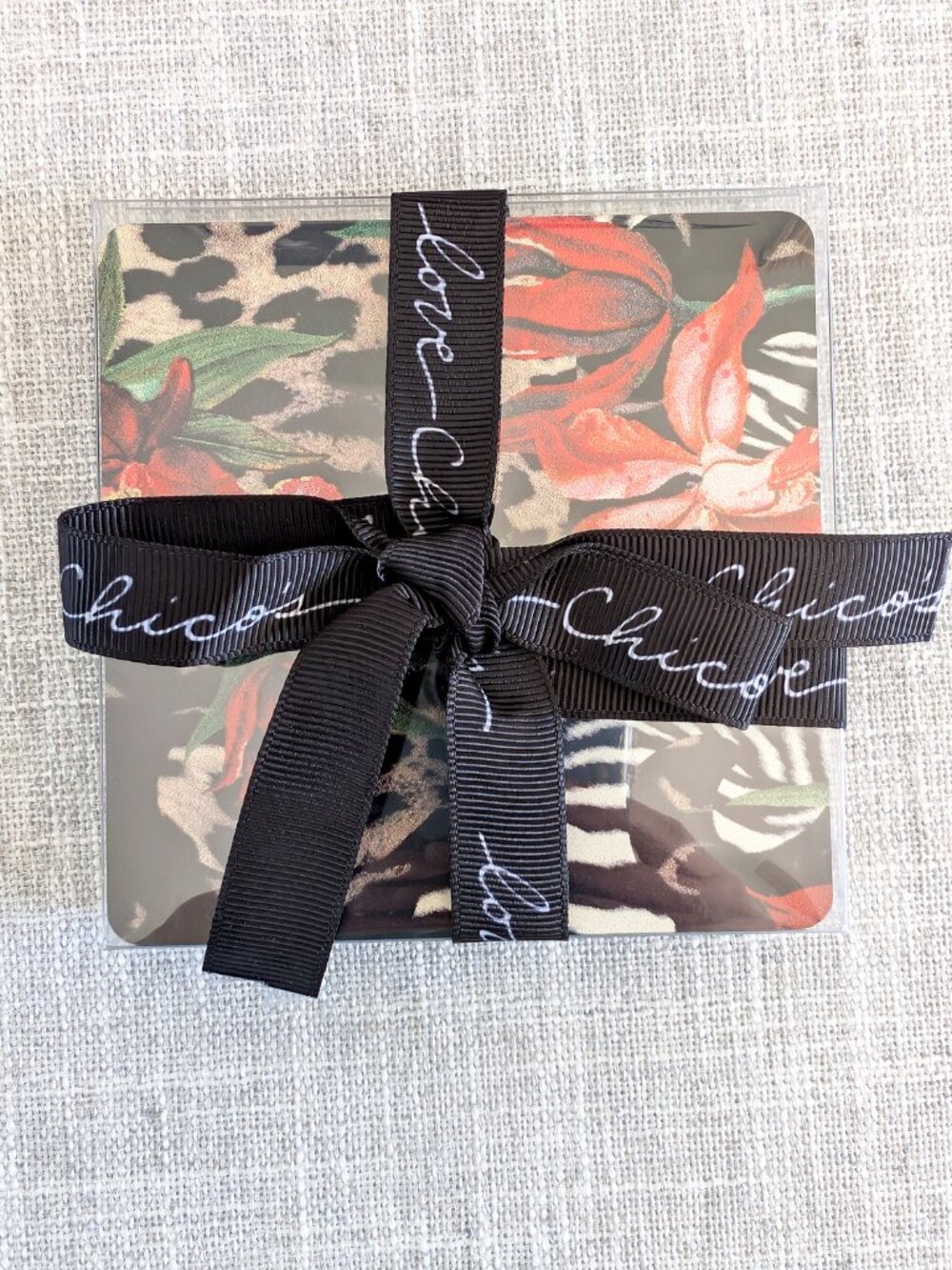 Chico's Square Mixed Print Leather Coasters, Set of 4, Tropical Cottage Core NEW